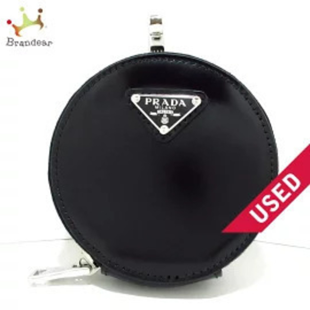 Prada Brushed Leather Round Pouch Clutch coin case Wallet Black